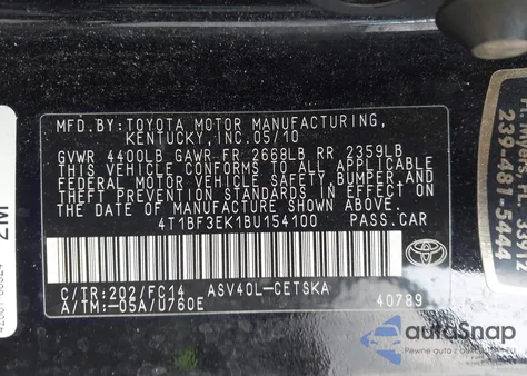 2011 Toyota Camry Se из США, поврежденный, VIN 4T1BF3EK1BU154100